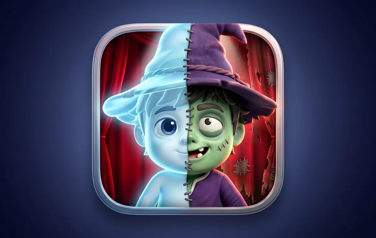Ghombie's art: one face, half a glowing ghost and half a grinning green zombie, under a wizard's hat.