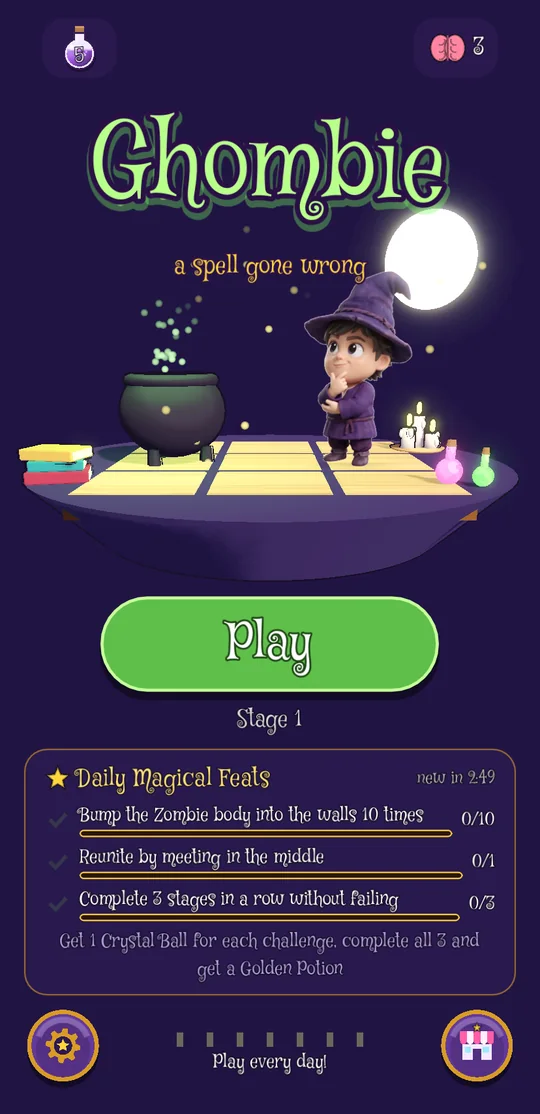 Ghombie's home screen: the apprentice thinks by a bubbling cauldron under the moon, above a green Play button and the Daily Magical Feats.