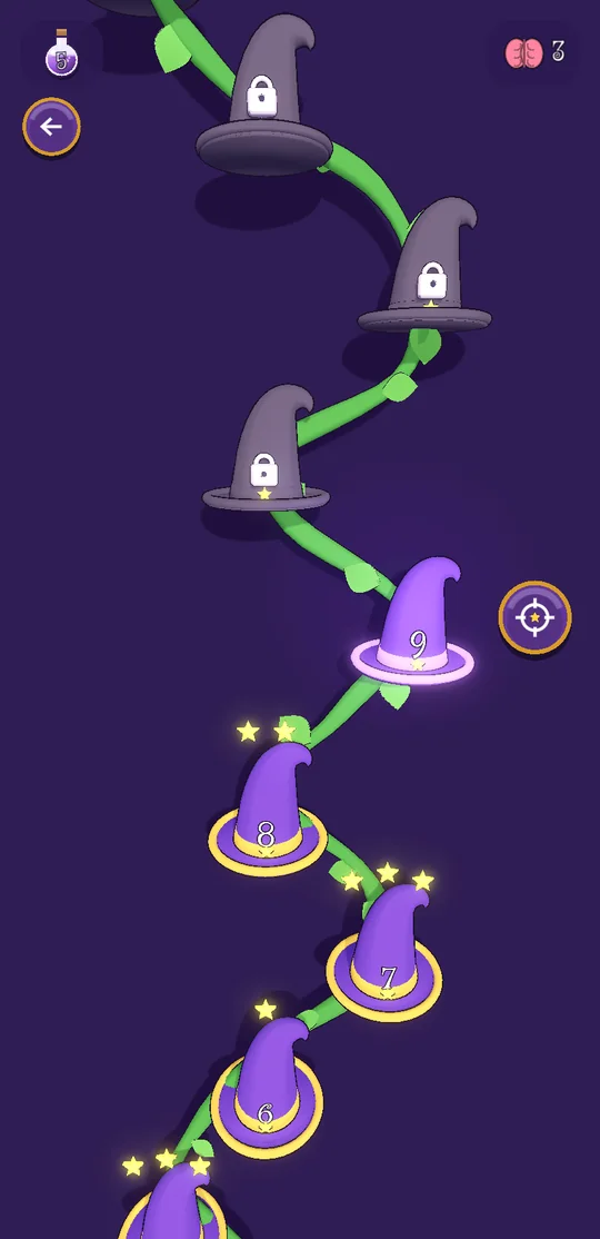 The stage map: purple wizard's hats along a winding green vine, with gold stars over the finished stages.