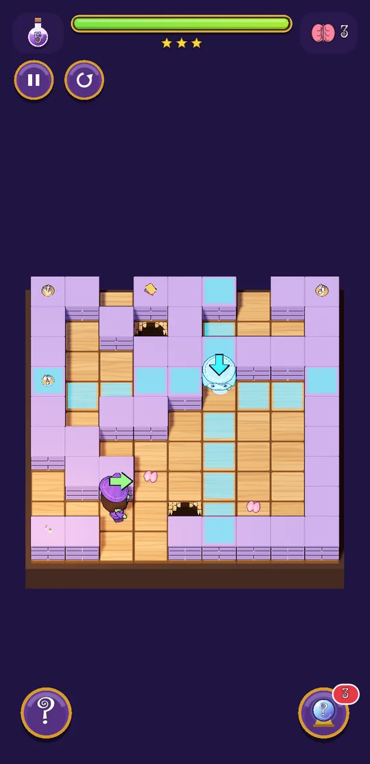 A stage seen from above: a wooden floor with lilac stone walls, the ghost with a blue arrow and the zombie with a green arrow.